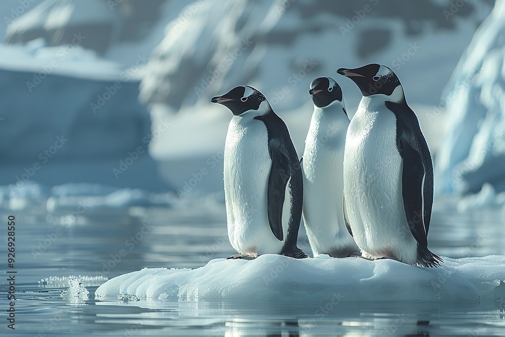 Obraz premium Three penguins standing on a block of ice