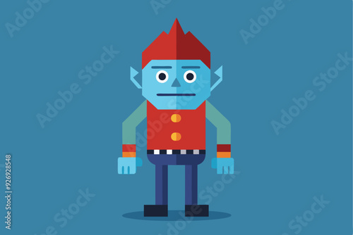 Cartoon illustration of a blue humanoid character with red hair, wearing a red vest and blue pants.