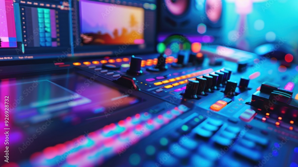 Close-up of a Music Production Mixer with Colorful Lights Close-up of a Music Production Mixer with Colorful Lights