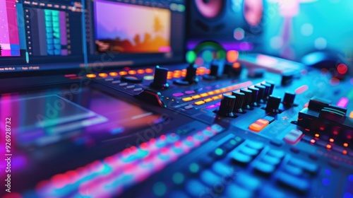 Close-up of a Music Production Mixer with Colorful Lights