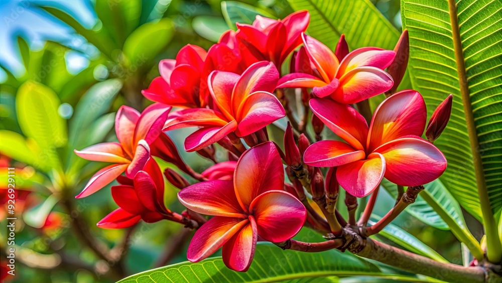 Vibrant red frangipani tree with beautiful tropical flowers , Plumeria rubra, red frangipani, tropical, vibrant, beautiful, exotic
