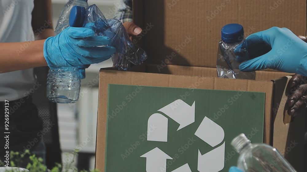 Garbage separation concept. Female hands separate paper and plastic into separate containers in the kitchen at home. Waste segregation, waste sorting, waste recycle.