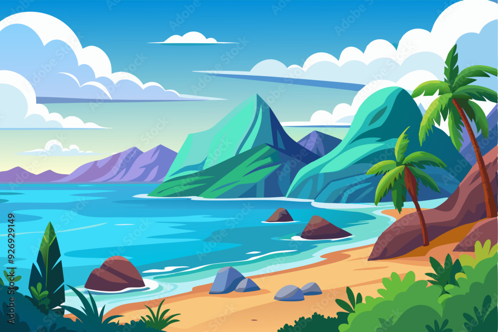 Obraz premium Tropical Beach with Palm Trees and Mountains