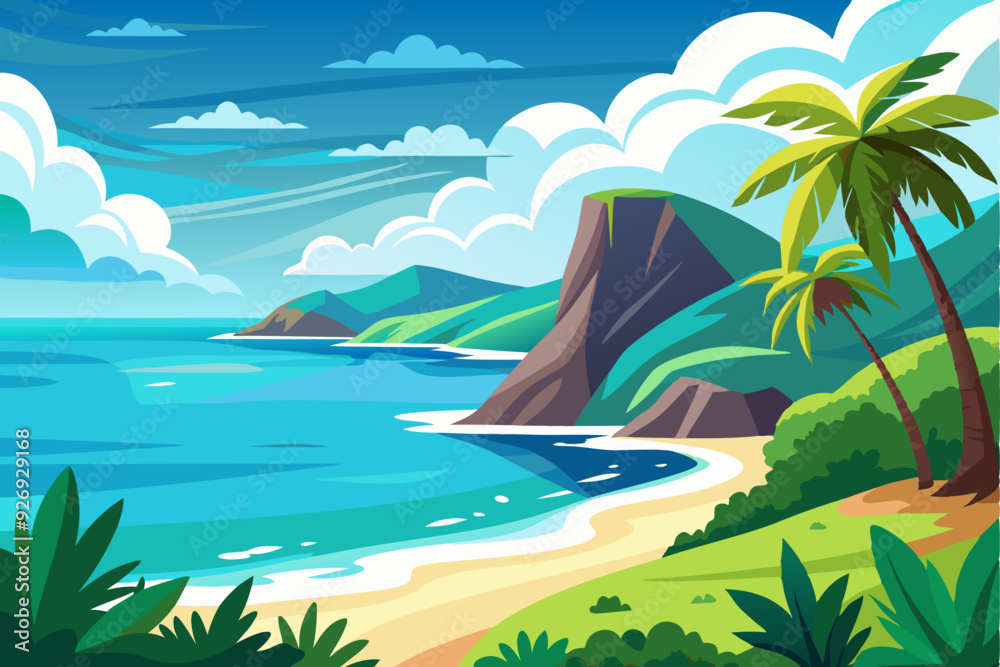 Obraz premium Tropical Beach Landscape with Palm Trees and Lush Vegetation