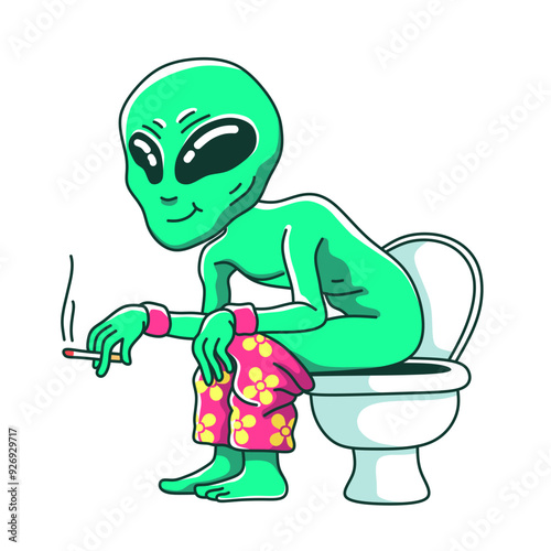 illustration of alien defecating while smoking in the toilet.silly cartoon,fantasy,outer space creatures,ufo and closet,imagination.hand drawn on white background