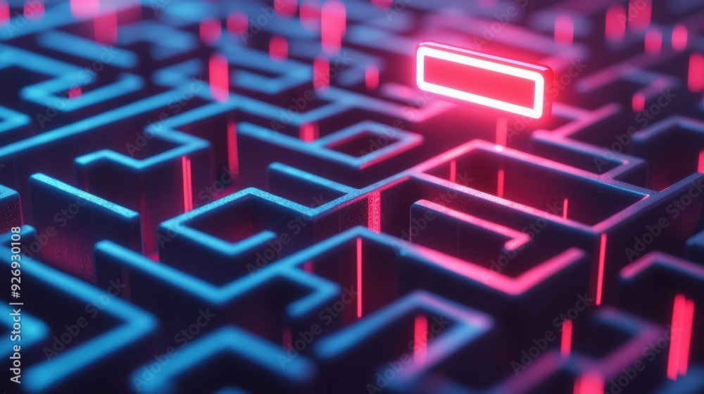 A vibrant maze with glowing blue and pink walls, featuring highlighted rectangular path, evokes sense of challenge and intrigue. A vibrant maze with glowing blue and pink walls, featuring highlighted rectangular path, evokes sense of challenge and intrigue.