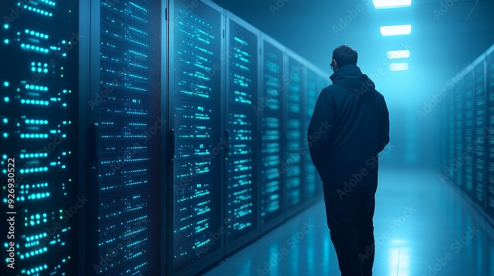 Man in data center surrounded by servers