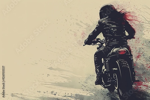 A man is riding a motorcycle with a red splash on the back