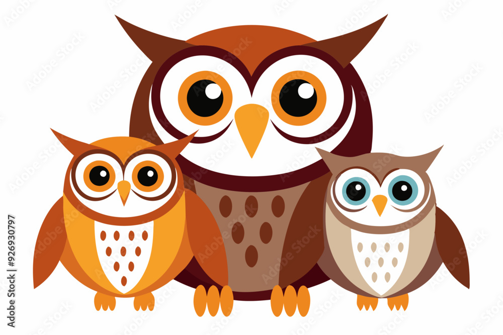 Fototapeta premium Three Owls in Different Colors and Sizes