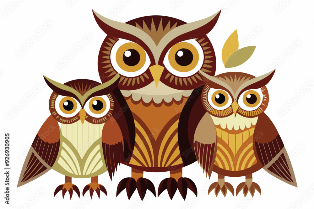 Three Stylized Owls with Geometric Patterns Three Stylized Owls with Geometric Patterns