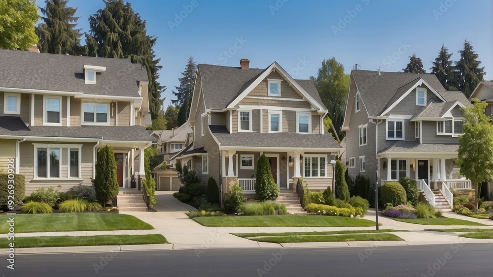 Suburban neighborhood with identical houses, well-manicured lawns, and tree-lined streets. Suburban neighborhood with identical houses, well-manicured lawns, and tree-lined streets.