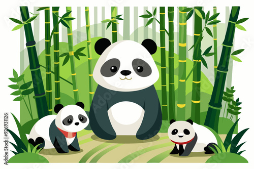 Three Pandas Standing in a Lush Bamboo Forest