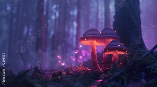 A mushroom is in the forest with other trees in the background photo