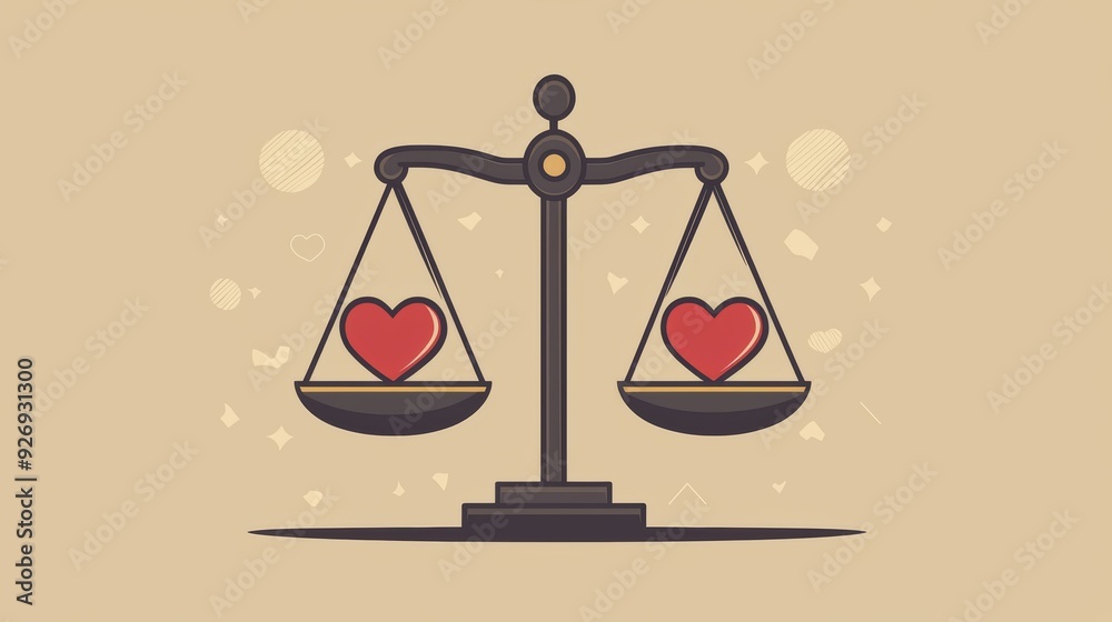 A balanced scale with red hearts symbolizes love and equality, evoking sense of harmony and affection. A balanced scale with red hearts symbolizes love and equality, evoking sense of harmony and affection.