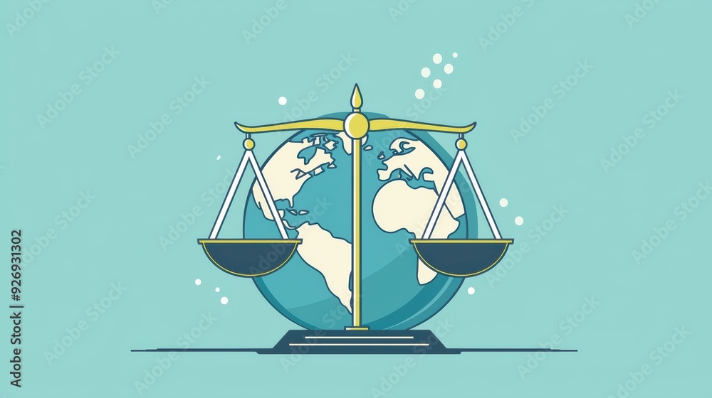 A balanced scale over globe symbolizes justice and equality. image conveys sense of fairness and global unity. 
