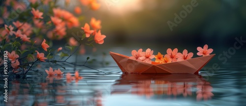 A small boat, crafted with delicate papercuts, floating on a calm river with a reflection of the flowers.  photo