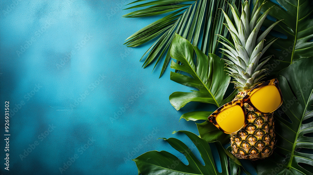 Obraz premium Image of palm leaves, pineapple and sunglasses arranged on a bright blue background.