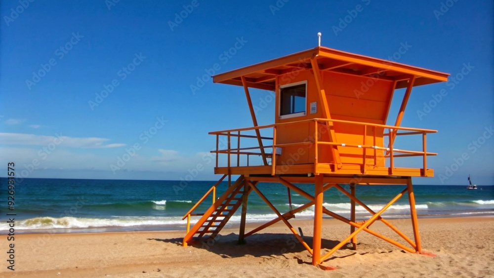 An orange lifeguard tower standing tall on a sandy beach, with the ocean stretching out to the horizon under a clear blue sky. An orange lifeguard tower standing tall on a sandy beach, with the ocean stretching out to the horizon under a clear blue sky.