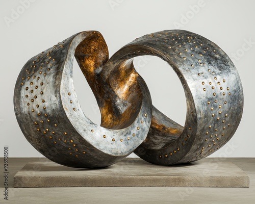 Intertwined Metal Sculpture A Study in Form and Texture - A Distinctive Grey and Gold Abstract with Dotted Details photo