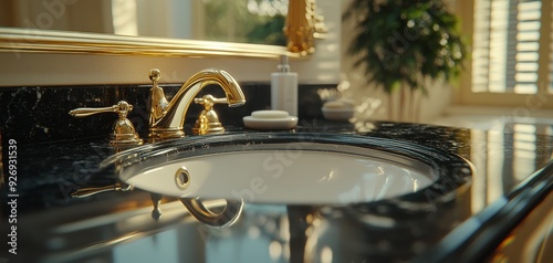 Low-angle view of a polished gold faucet and porcelain sink on a black marble countertop in a luxurious bathroom photo