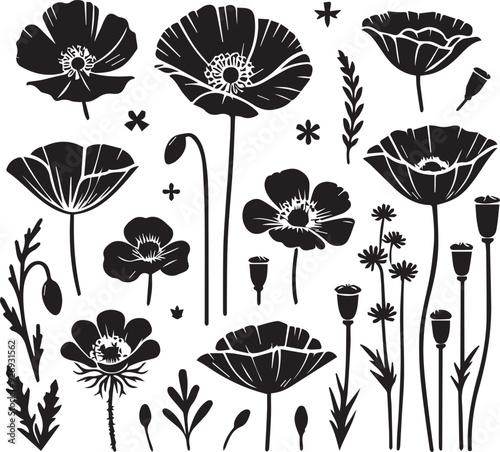 poppy flower black silhouette illustration vector Set, Poppy flower silhouette,