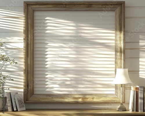 Rustic Frame Mockup A weathered wooden frame with a blank canvas, set against a backdrop of white washed wood planks and soft sunlight filtering through blinds, creating a cozy