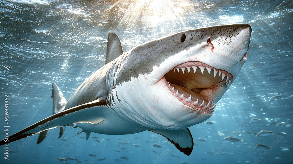 Naklejka premium Sunbeams Illuminate a Great White Shark's Open Jaws, Undershot Perspective with Blurry Fish in the Background