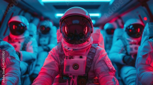 Fototapeta Naklejka Na Ścianę i Meble -  An astronaut wearing a white spacesuit with a black visor, sitting in a spaceship. The astronaut is lit in red and blue lights, with other astronauts in the background.