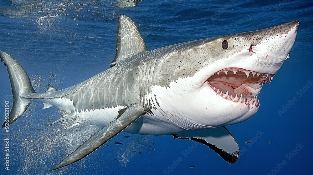 Fototapeta premium Underwater Perspective A Great White Shark's Open Mouth Reveals Razor-Sharp Teeth Against a Deep Blue Background, Surrounded by Tiny Fish