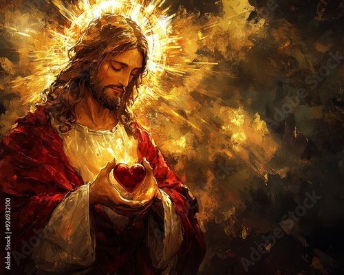 The Divine Heart A Close-Up Portrait of Jesus Holding a Red Heart, Bathed in Golden Light, with a Dramatic Composition and Brushstroke Detail