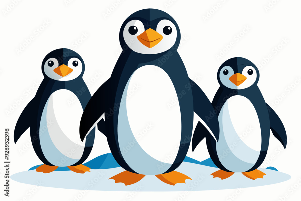 Fototapeta premium Three Penguins Standing on Ice with White Background