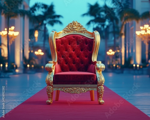 A Gilded Throne Awaits A lone, ornately carved golden throne with red velvet cushions stands on a red carpet in a grand, blurred, and empty setting
