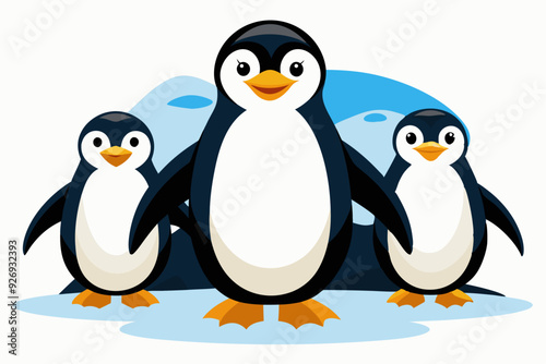 A Family of Three Penguins Standing on Ice