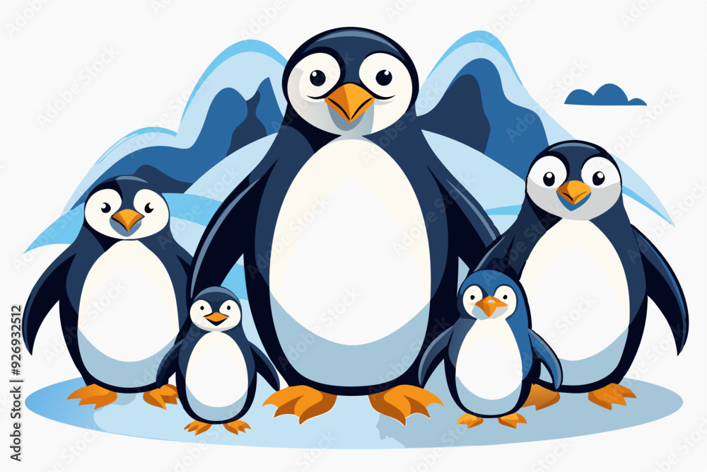 Fototapeta premium Four Penguins Standing On Ice With A Snowy Background