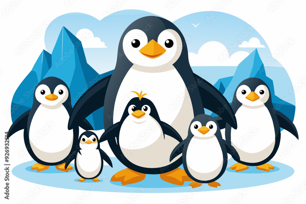 A Group of Five Cartoon Penguins Standing on Ice A Group of Five Cartoon Penguins Standing on Ice