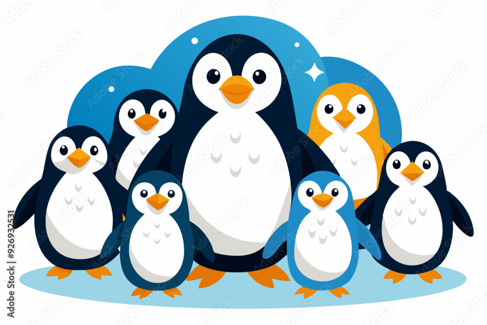 A Group of Penguins Standing on Ice with a Sparkling Blue Sky Background A Group of Penguins Standing on Ice with a Sparkling Blue Sky Background