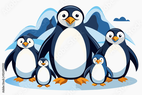 Four Penguins Standing On Ice With A Snowy Background