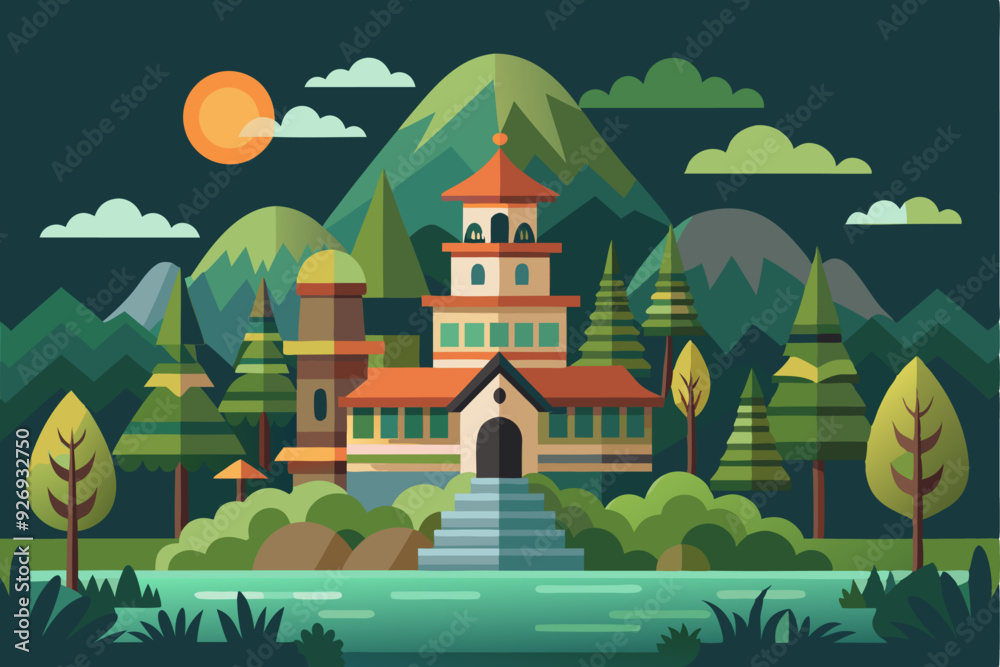 Flat Design Illustration of a House by a River and Mountain Flat Design Illustration of a House by a River and Mountain