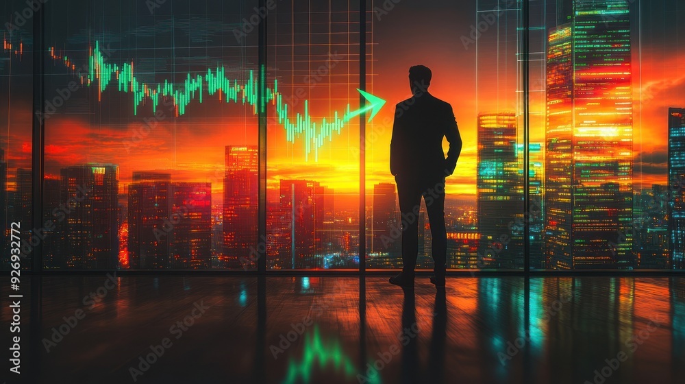 Businessman Looking at a Chart with a Green Up Arrow Businessman Looking at a Chart with a Green Up Arrow