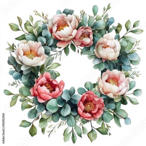 Watercolor Floral Wreath of Pink and White Peonies