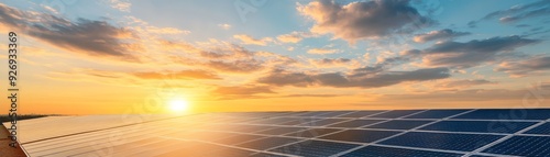 Solar panels at sunrise in vast field