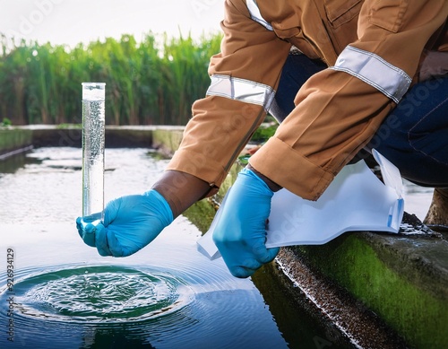 an environmental engineer wearing protective equipment carefully collects water samples. generative ai photo