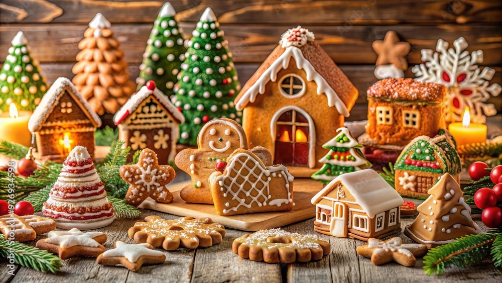 A festive scene of Christmas baking with assorted cookies, gingerbread houses, and holiday decorations, Christmas, baking A festive scene of Christmas baking with assorted cookies, gingerbread houses, and holiday decorations, Christmas, baking