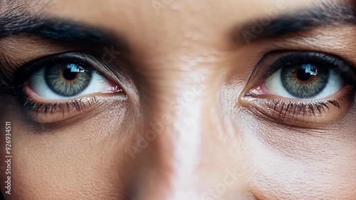 Beautiful woman slightly squinting her green eyes