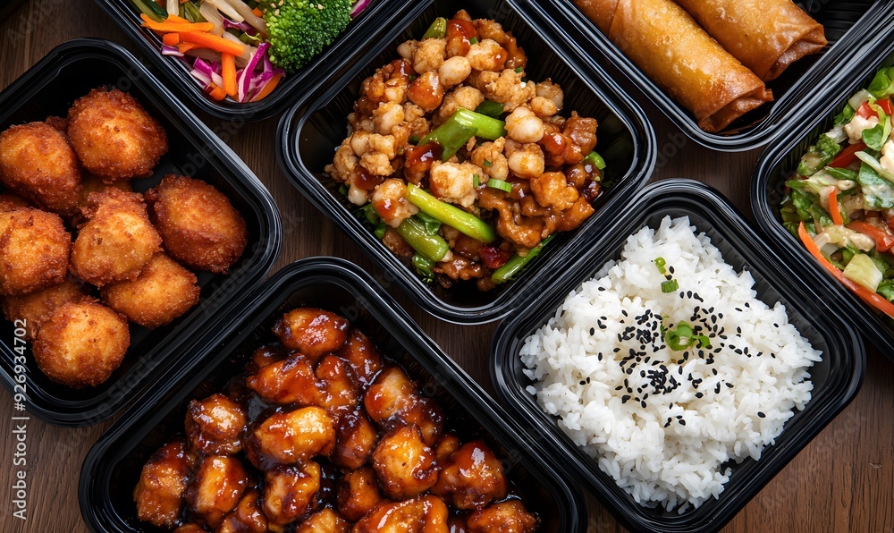 A variety of takeout dishes in black plastic containers, Generative AI A variety of takeout dishes in black plastic containers, Generative AI