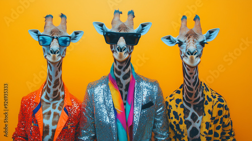 Three giraffes dressed in stylish shiny jackets and sunglasses stand against a bright orange background, highlighting their eccentric appearance