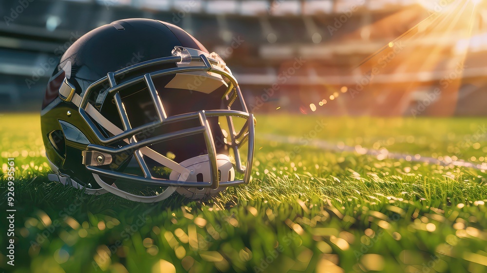 A black football helmet with a facemask lays on the grass with a blurred stadium in the background. A black football helmet with a facemask lays on the grass with a blurred stadium in the background.