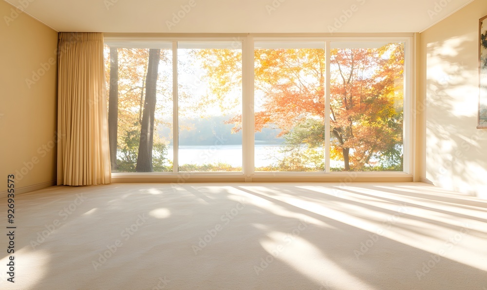 Fototapeta premium An empty room with floor-to-ceiling windows overlooking the lake and fall trees outside, Generative AI