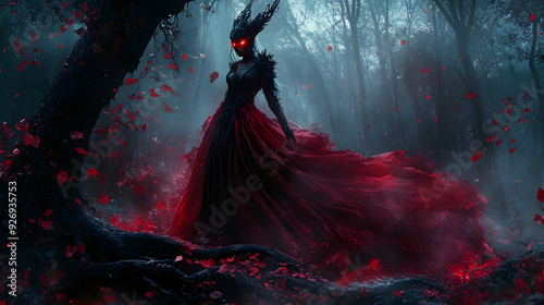Female Demon Stock Photo: Enigmatic Lady in Crimson Gown with Glowing Eyes and Horns in Enchanted Forest