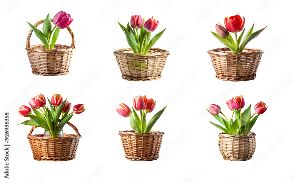 Obraz premium Tulips in Basket Vase with Clipping Path - Isolated PNG Image
